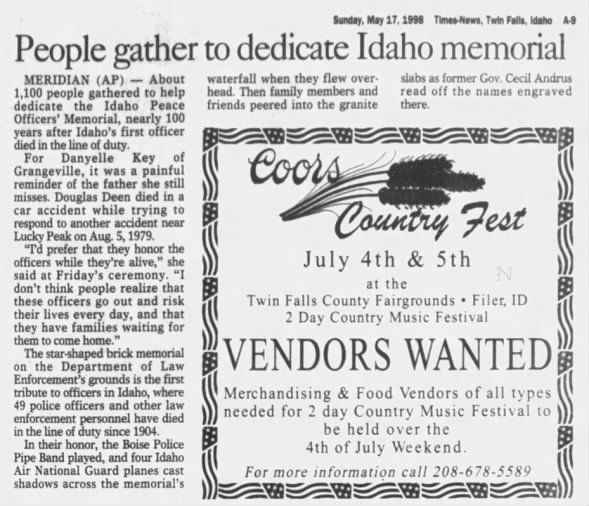 Douglas Deen Memorial Twin Falls ID Times-News 1998-5-17 Sun Pg 9
